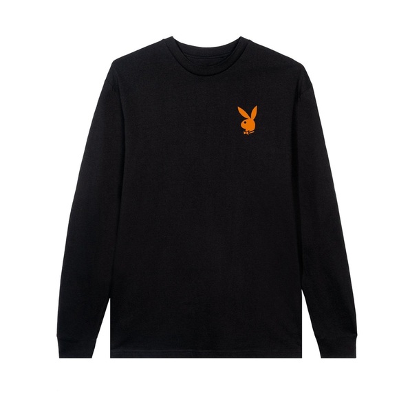 PLAYBOY Black Long Sleeved Tee with Bold Orange Text - Picture 1 of 5